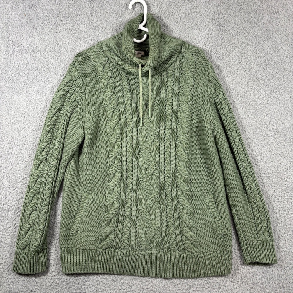 L.L.Bean Sweater Womens XL Green Cable Knit Funnel Neck Drawstring Cotton 514820
